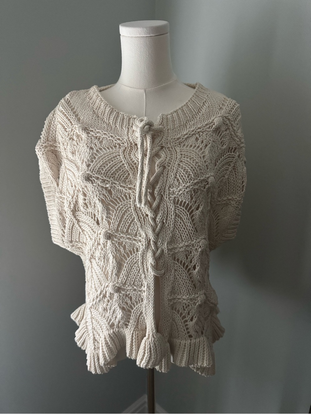 Zara Cream Crochet-Knit Short Sleeve Sweater with Tassel Tie